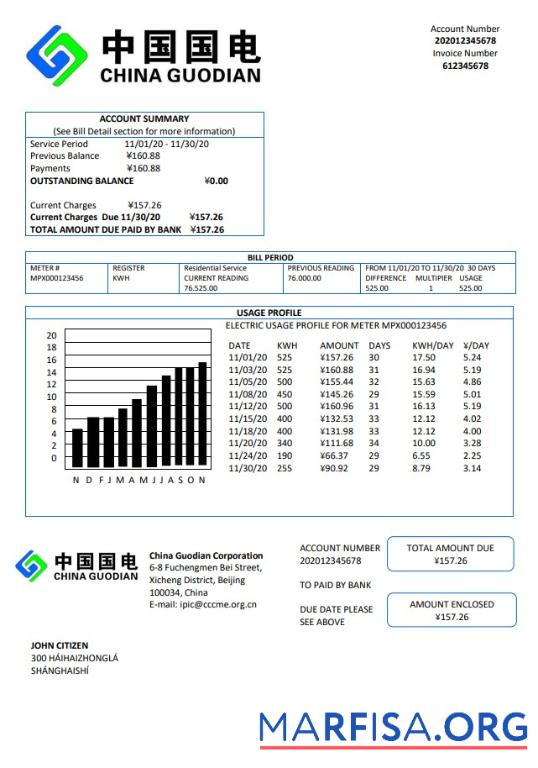 Downloadable China Guodian Corporation electricity utility bill example